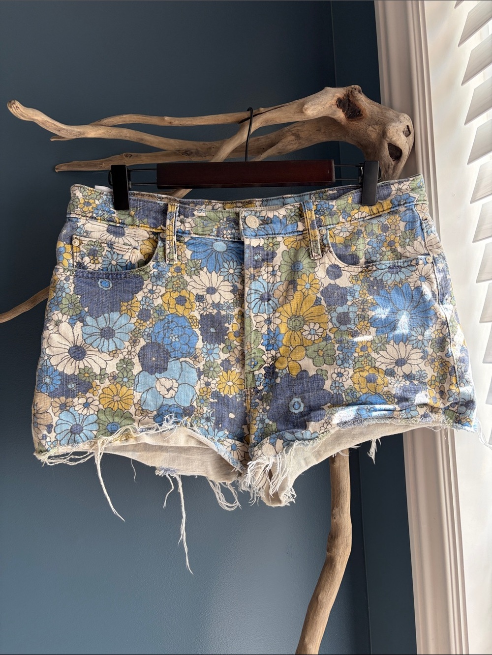 MOTHER Floral Denim Jean Shorts in Blue, Yellow, White
